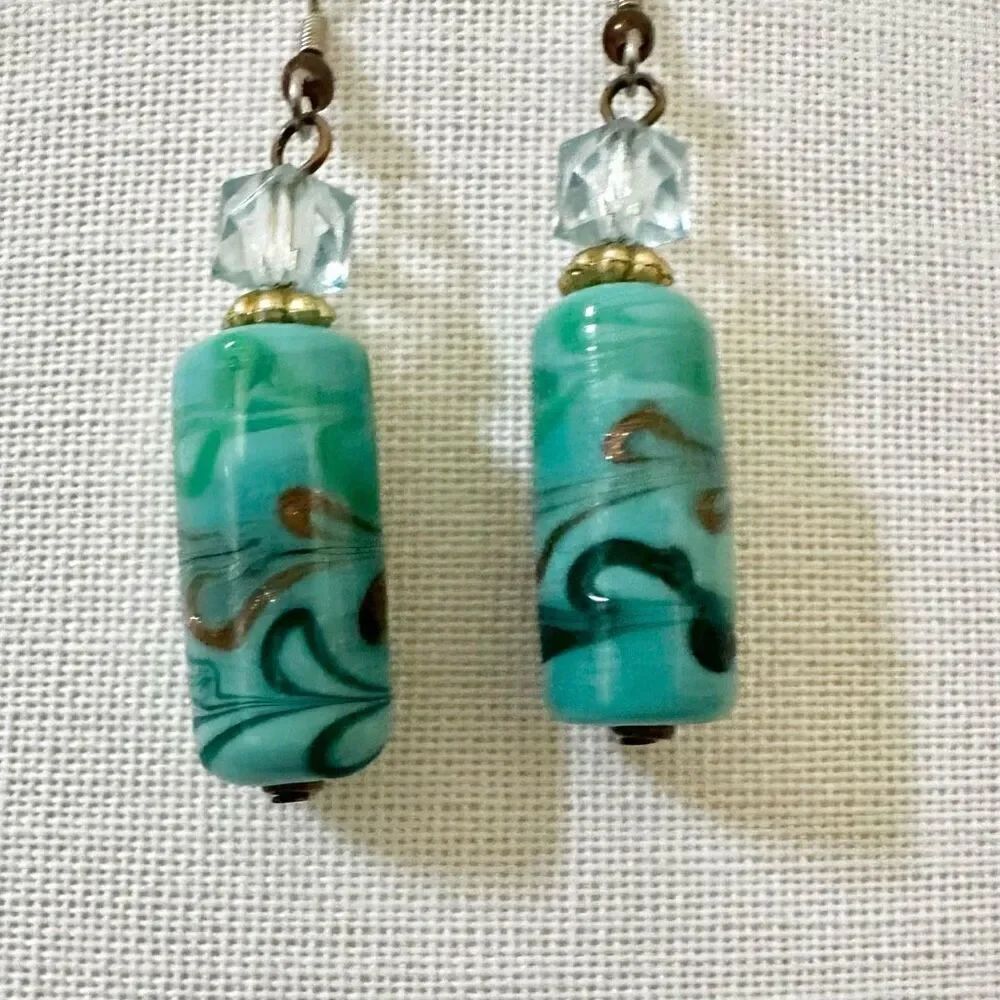 Blue green beaded glass drop earrings